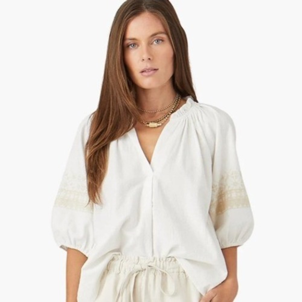 Xirena Janie Top White Embroidered Sleeve Gauze Cotton Blouse Medium M